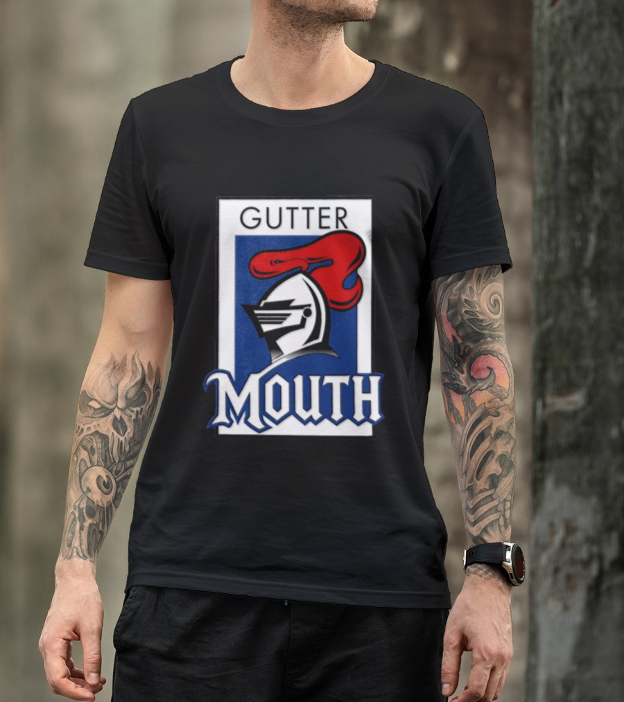 Guttermouth Newcastle Knights Collaboration Rugby League Iconic Helmet Red Blue T-Shirt
