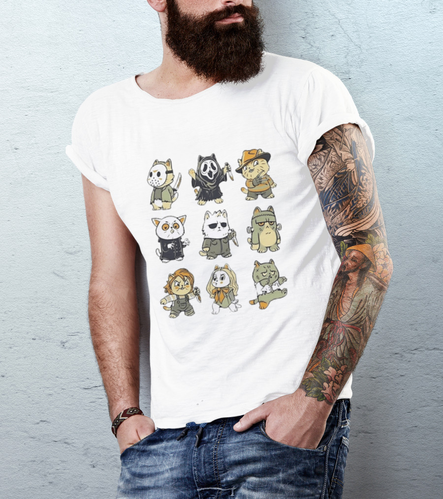 Horror Movie Cats Meowster Party Jason Ghostface Freddy Krueger Halloween T-Shirt