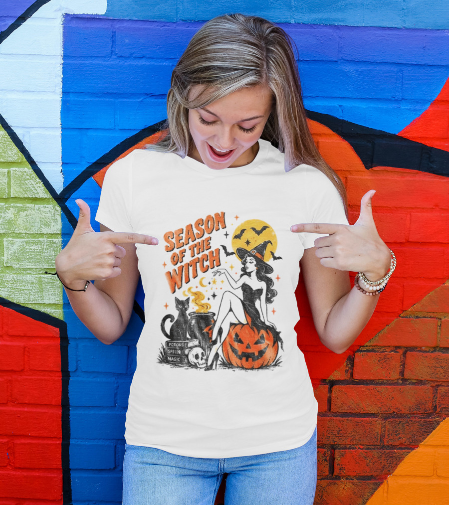 Season Of The Witch Halloween Spooky Season Full Moon Pumpkin Black Cat Bat T-Shirt