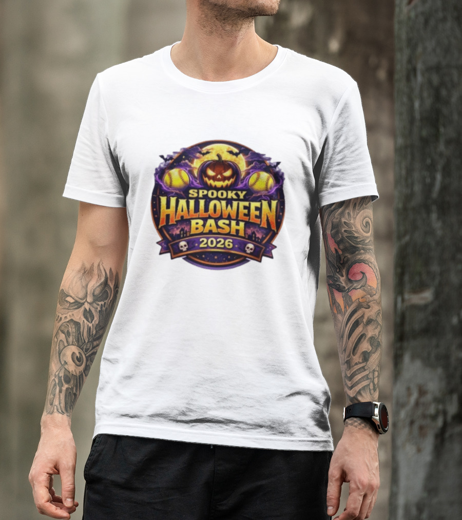 Spooky Halloween Bash 2026 Pumpkin Moonlit Baseball Skulls T-Shirt