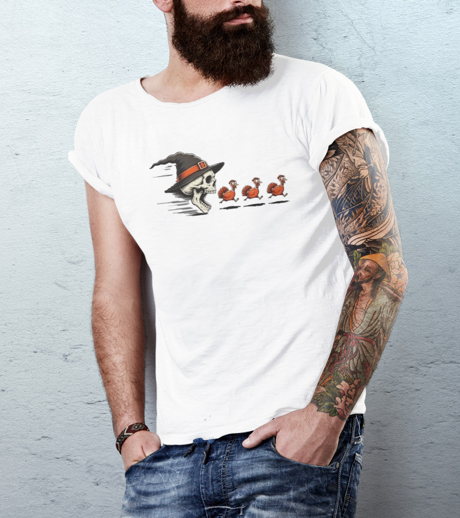 Witch Skull Chasing Turkeys Thanksgiving Humor T-Shirt