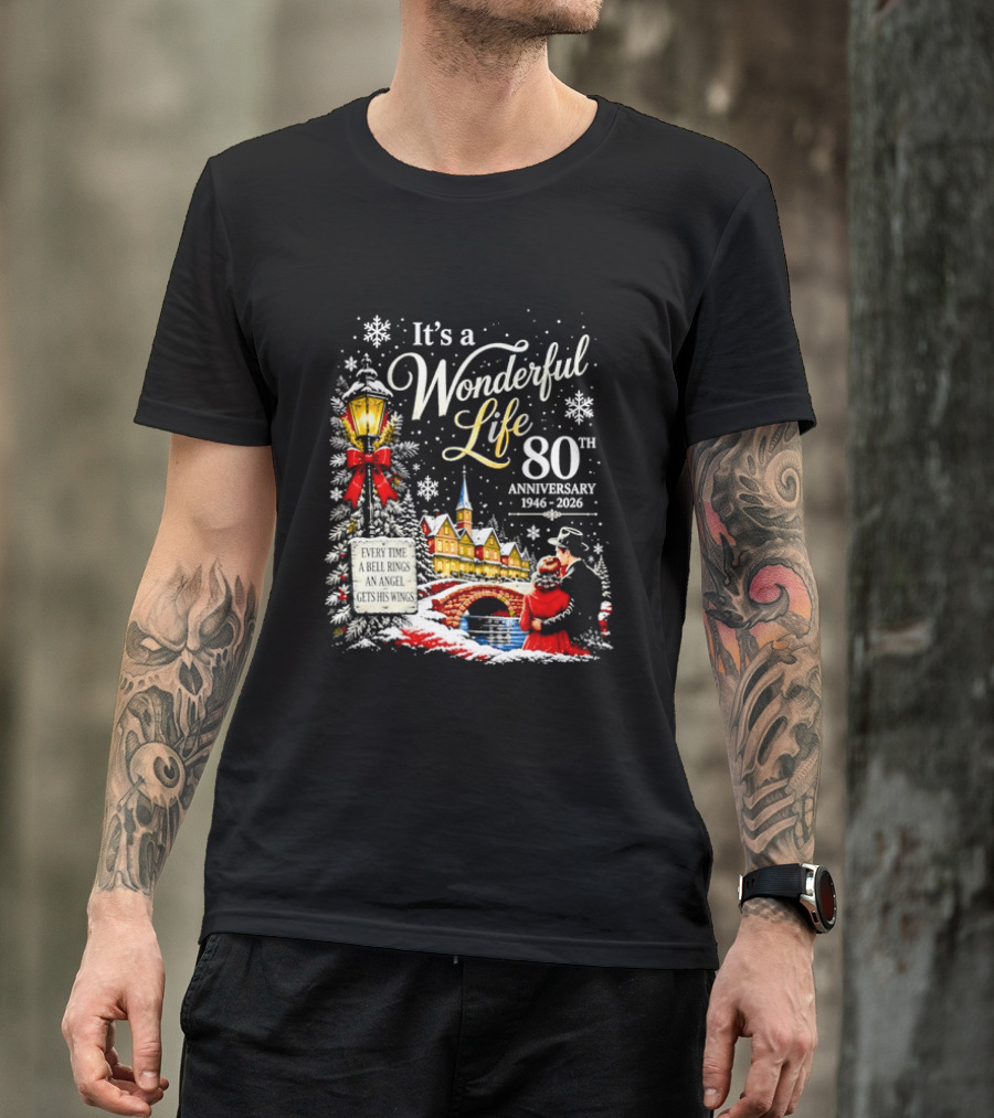 It's A Wonderful Life 80th Anniversary 1946 2026 Christmas Village Scene Snowflakes Lantern T-Shirt