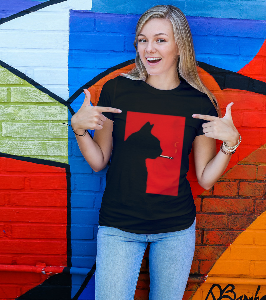Black Cat Silhouette With Cigarette On Red T-Shirt