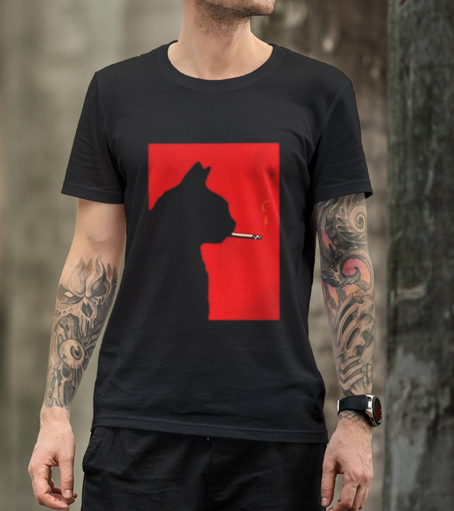 Black Cat Silhouette With Cigarette On Red T-Shirt