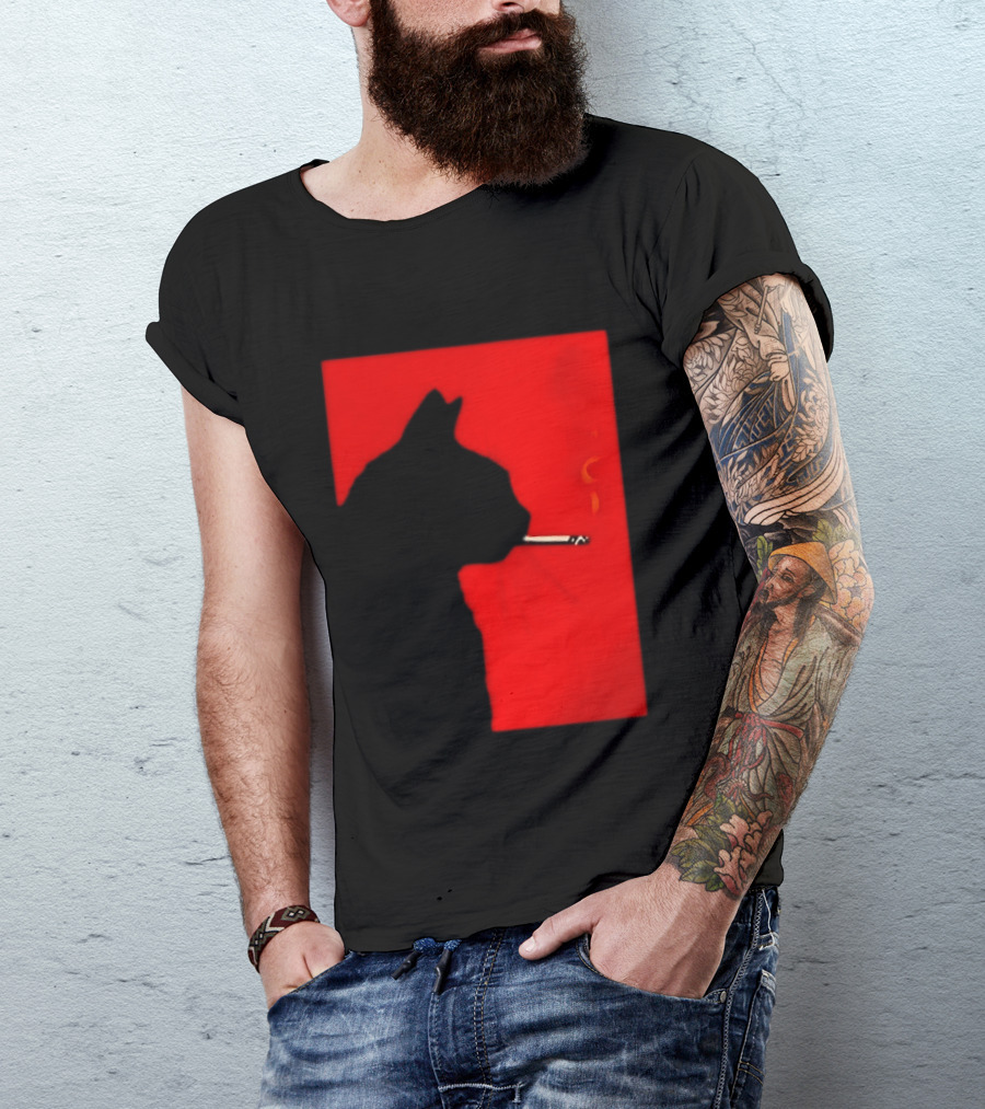Black Cat Silhouette With Cigarette On Red T-Shirt