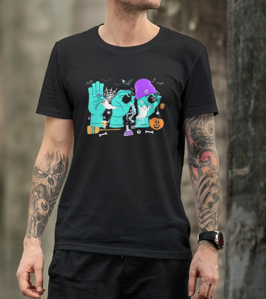 Boo ASL SPED Halloween 2026 Ghost Hands Pumpkin Broomstick Hat Bat Cobweb T-Shirt