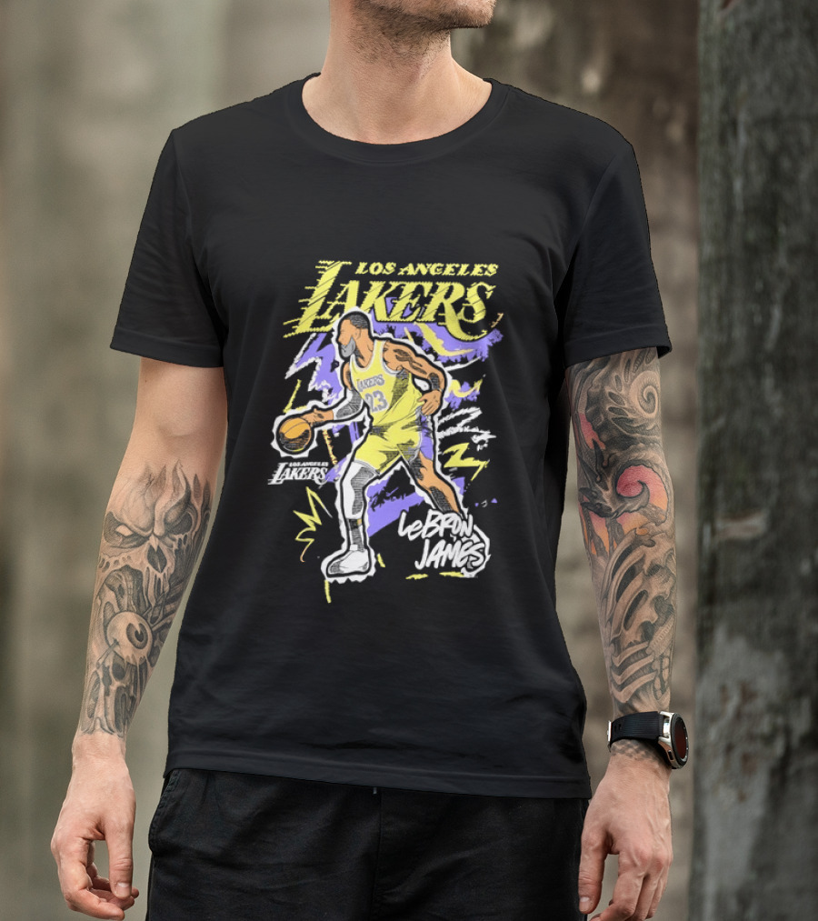 LeBron James Los Angeles Lakers 23 NBA Basketball Player Sketch Yellow Purple T-Shirt