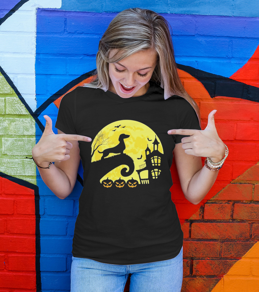 Dachshund Halloween Moon Spooky Night With Pumpkins T-Shirt