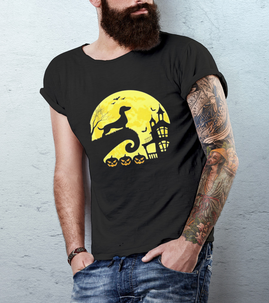 Dachshund Halloween Moon Spooky Night With Pumpkins T-Shirt