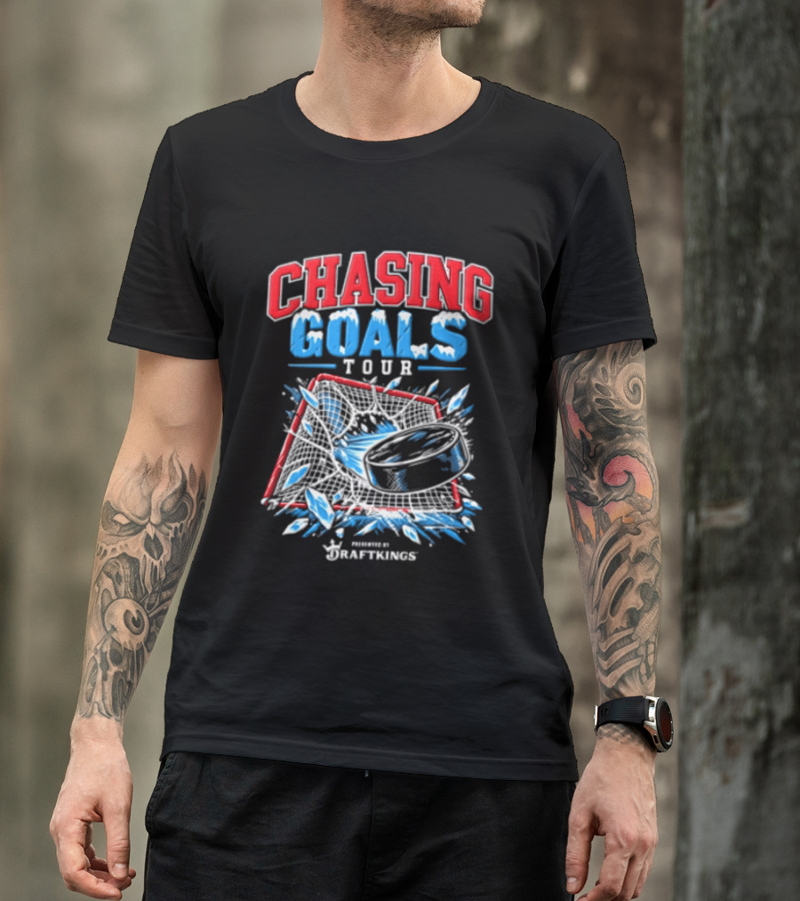 DraftKings Chasing Goals Tour Hockey Puck Crashing Into Net T-Shirt