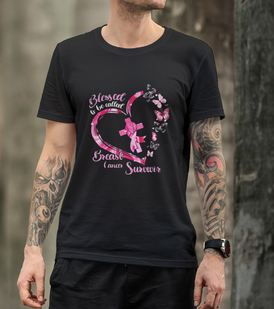 Blessed To Be Called Breast Cancer Survivor Pink Butterfly Ribbon Heart T-Shirt