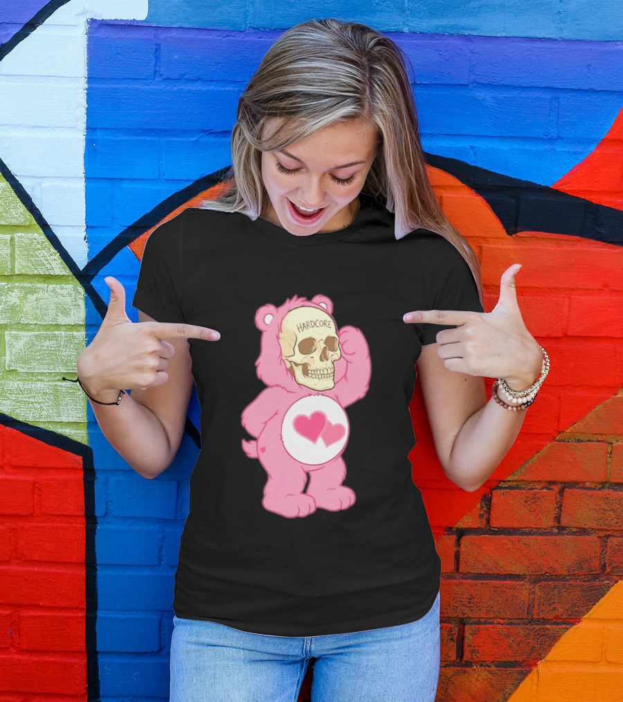 Hardcore Pink Bear Skull Goth Aesthetic With Hearts T-Shirt