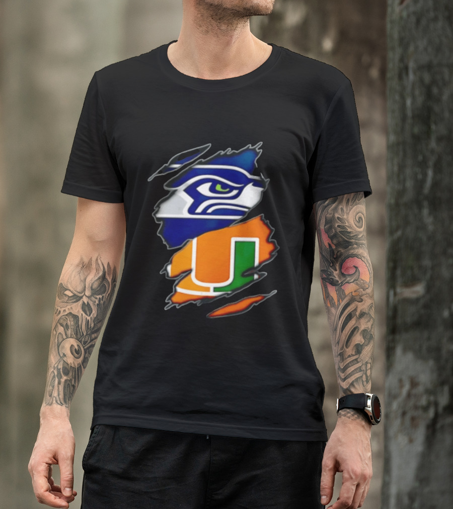 Seattle Seahawks Miami Hurricanes Torn Fabric Reveal Team Logos T-Shirt