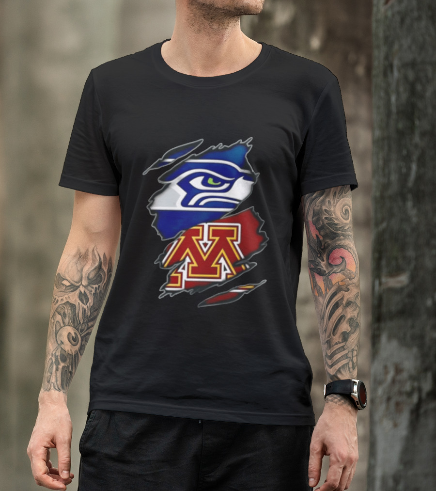 Seattle Seahawks Minnesota Golden Gophers Torn Fabric Reveal Team Emblems T-Shirt