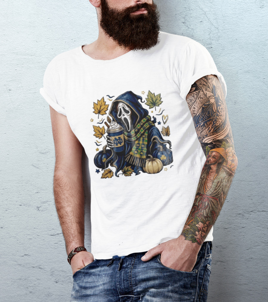 Notre Dame Ghostface Holding Coffee Autumn Leaves Pumpkins T-Shirt