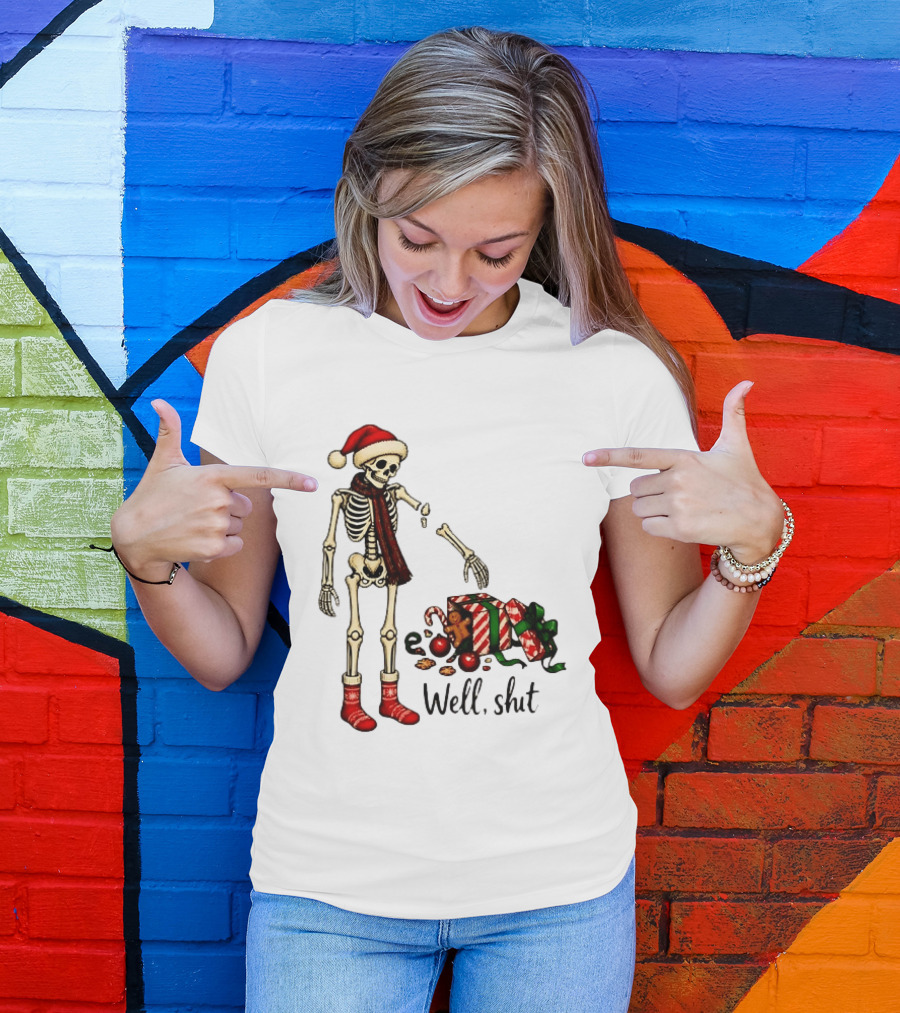 Well Shit Christmas Skeleton Gingerbread Man Santa Hat T-Shirt