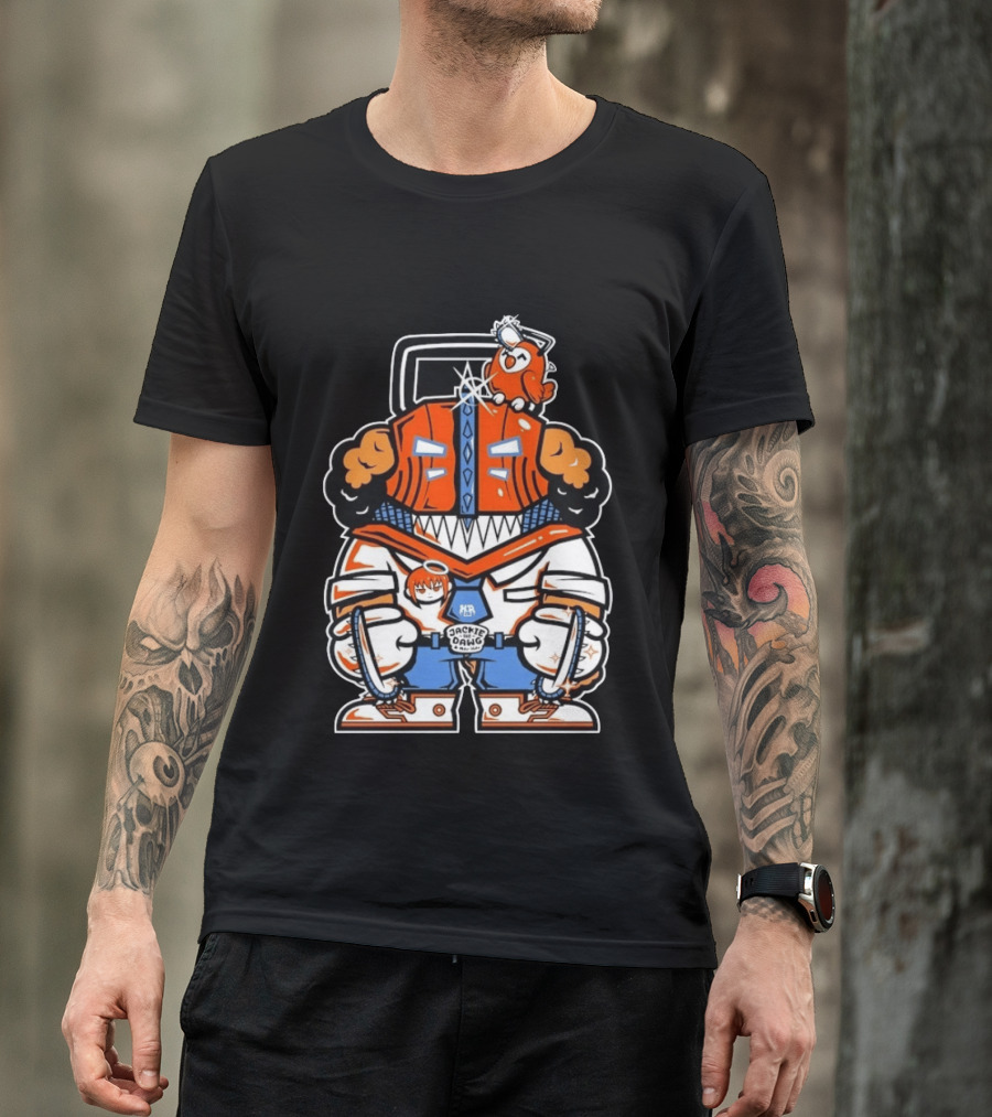 Jackie The Dawg Mau Mau Chainsaw Robot Cartoon Character With Bird T-Shirt