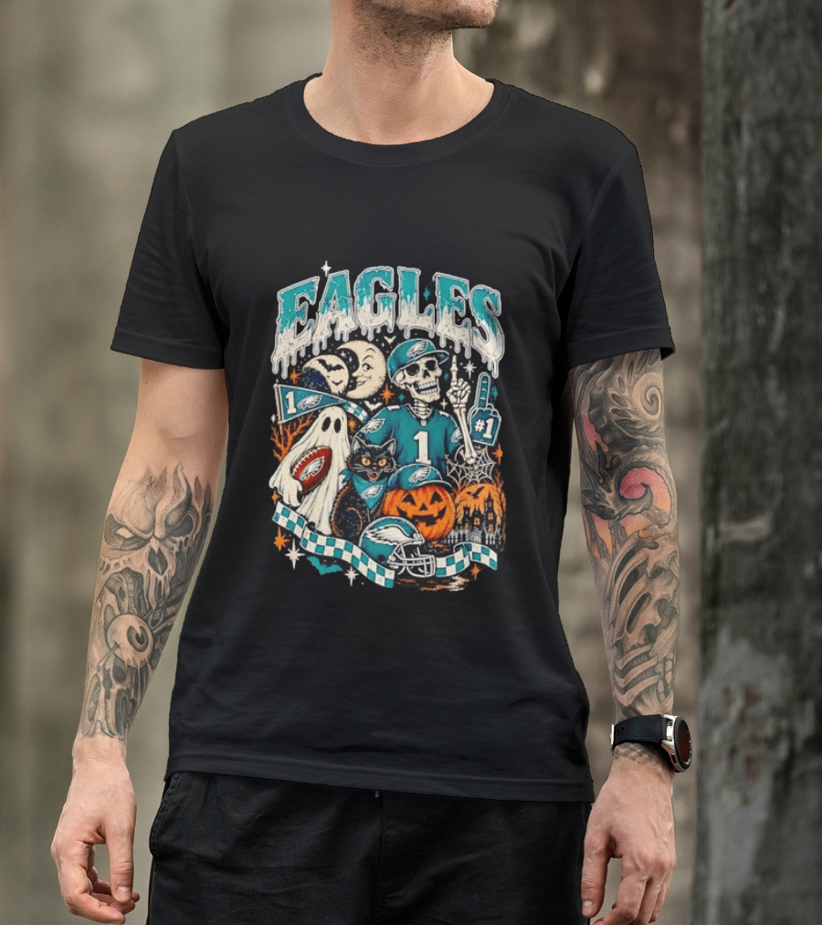 Eagles Jalen Hurts Halloween Skeleton Ghost Black Cat Pumpkin T-Shirt