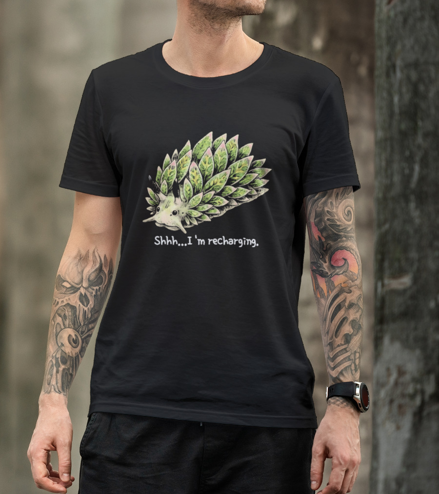 Leaf Sheep Sea Slug Shhh I'm Recharging Green Pink Cute Sea Creature T-Shirt