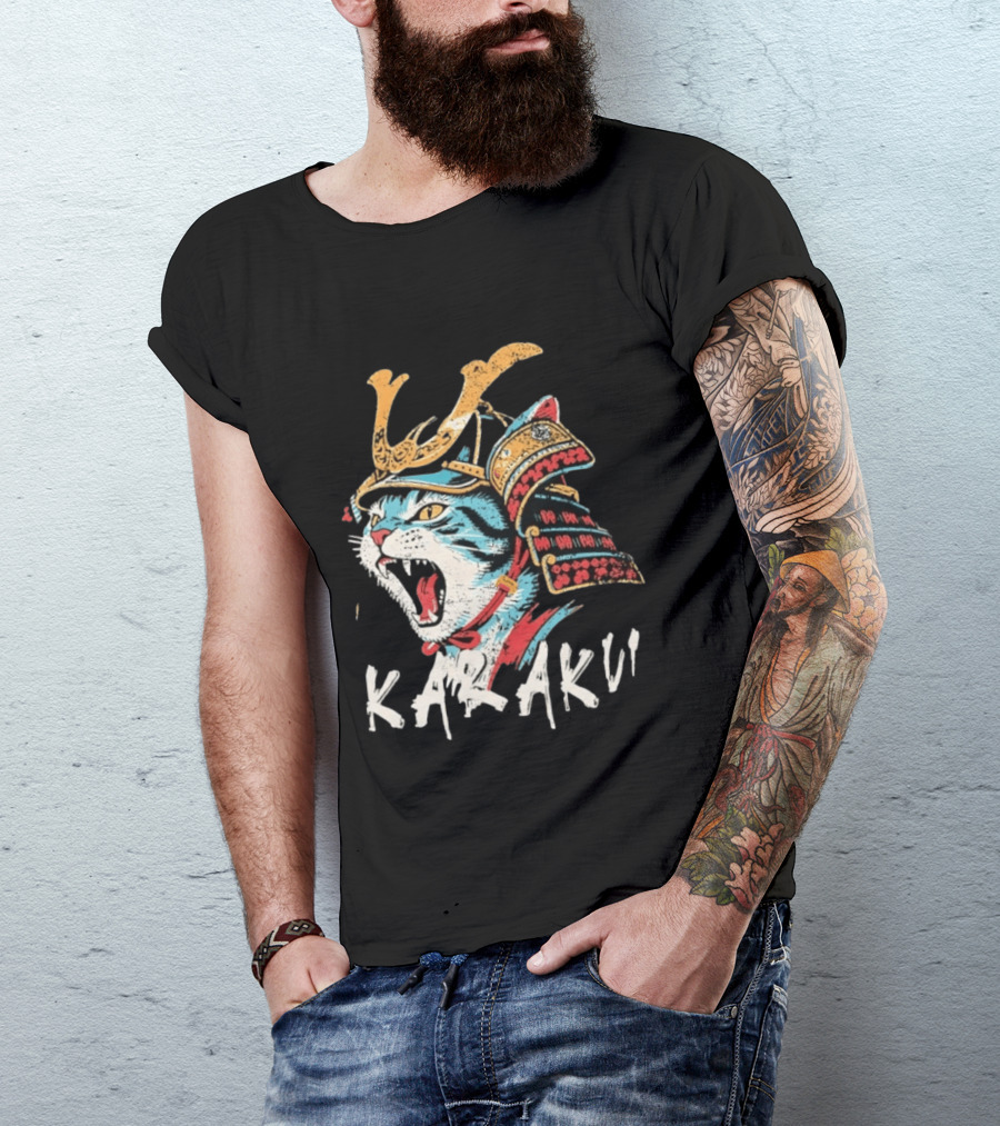 Karaku Distressed Samurai Cat With Helmet And Snarling Expression T-Shirt