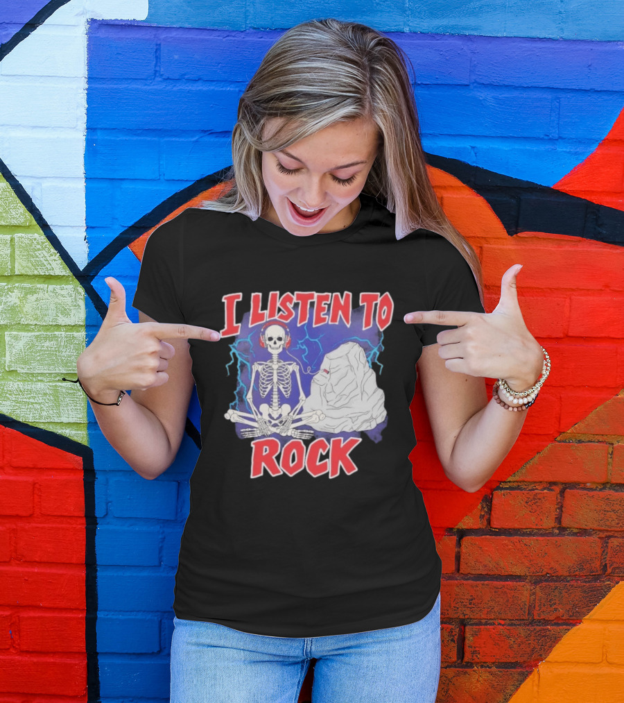 I Listen To Rock Skeleton Headphones Music T-Shirt