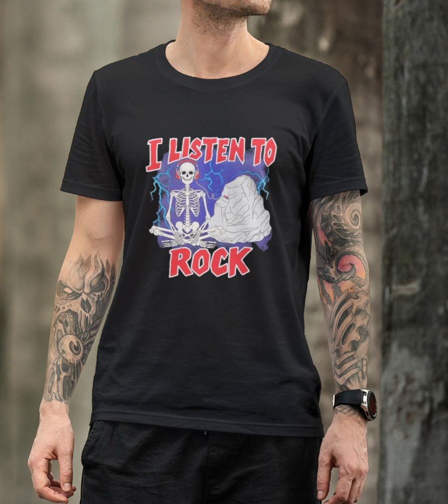 I Listen To Rock Skeleton Headphones Music T-Shirt