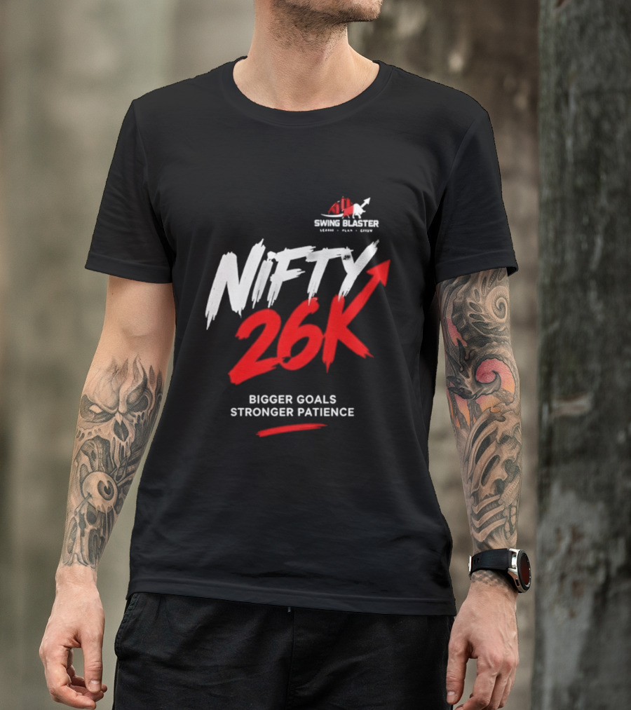 Swing Blaster Nifty 26K Bigger Goals Stronger Patience Bull And Bear Stock Market Trading Insights T-Shirt
