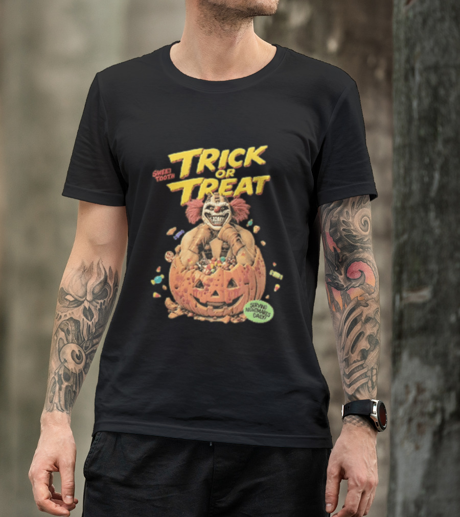 Twisted Metal Sweet Tooth Trick Or Treat Serving Nightmares Daily Pumpkin Candy T-Shirt