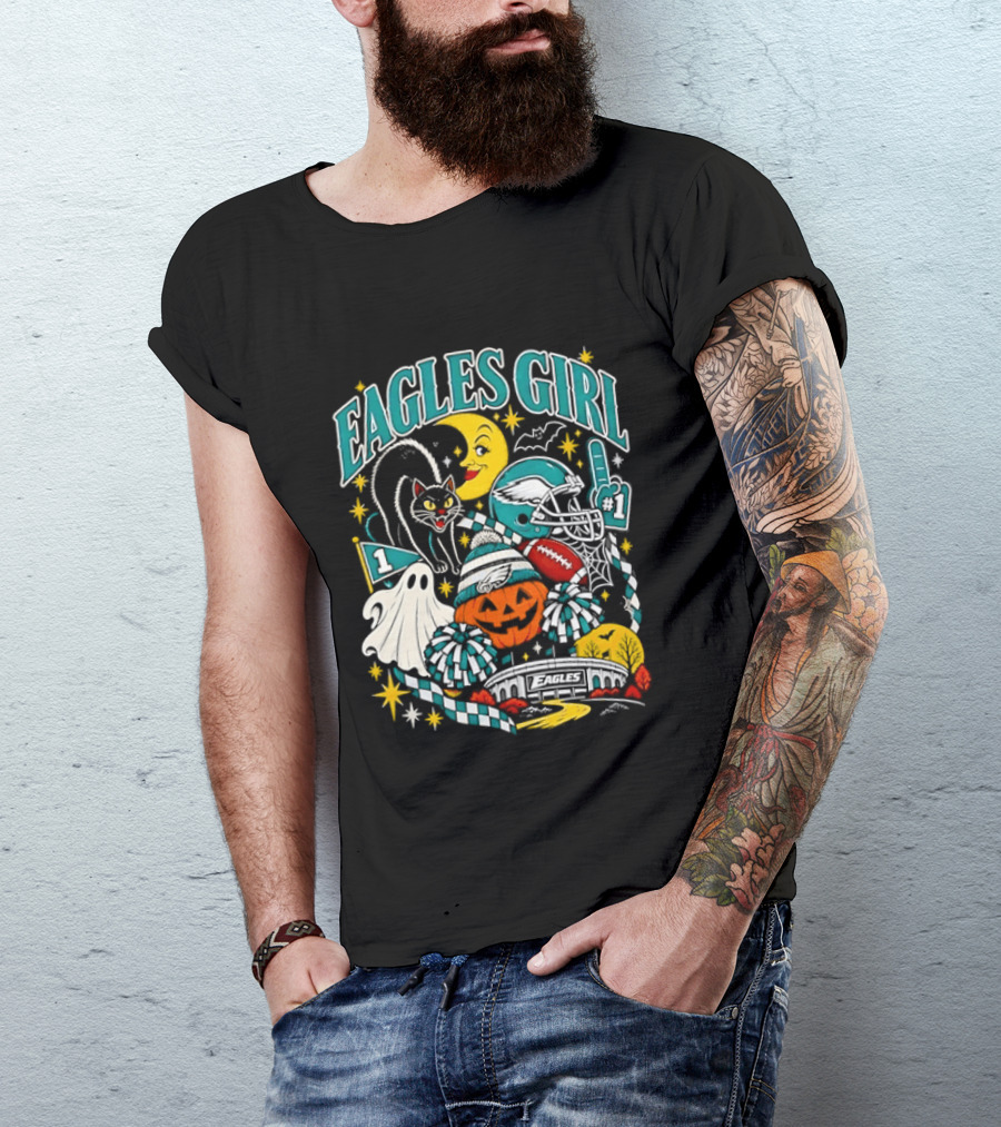 Eagles Girl Halloween Football Moon Cat Pumpkin Stadium T-Shirt