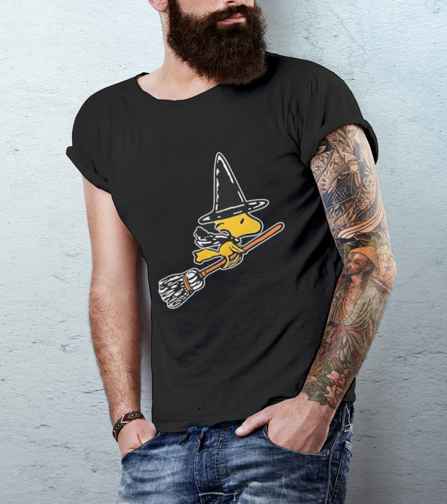 Woodstock Peanuts Halloween Witch Flying On Broomstick T-Shirt