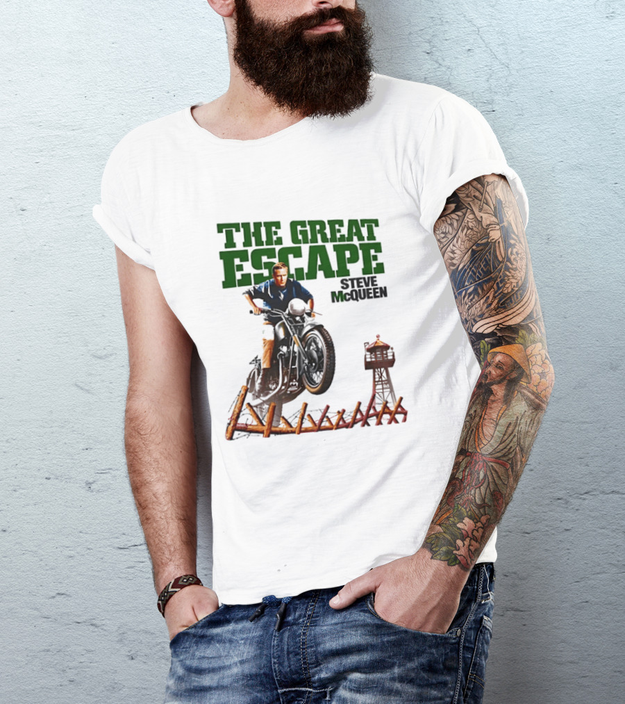 The Great Escape Steve McQueen Motorcycle Jump Classic Movie Scene T-Shirt