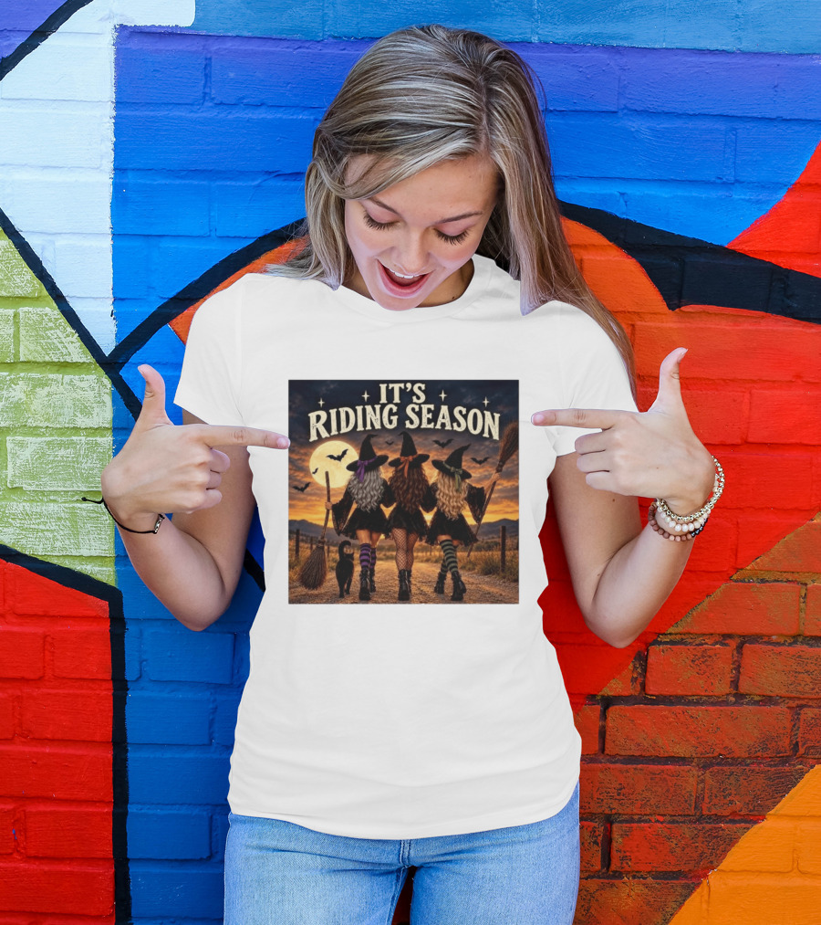 Halloween Witches With Brooms Under Full Moon And Black Cats T-Shirt