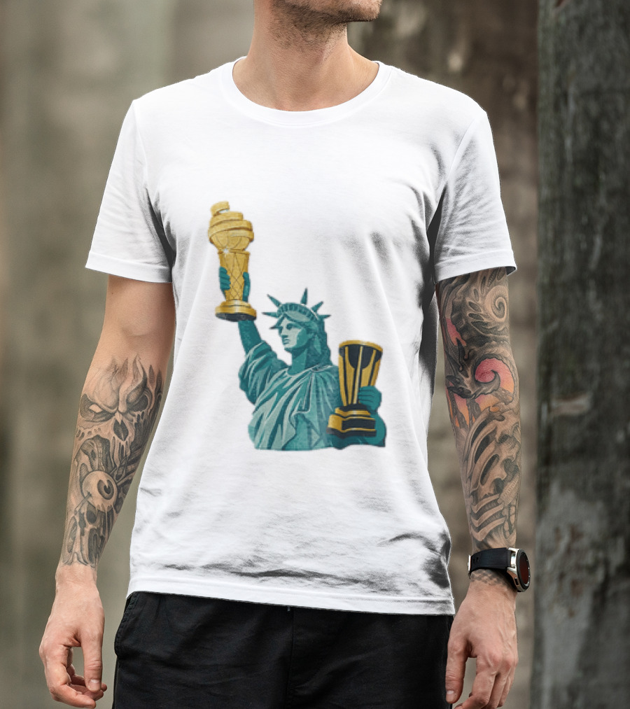 Lady Liberty Holding Dual Championship Trophies Soccer And Basketball T-Shirt