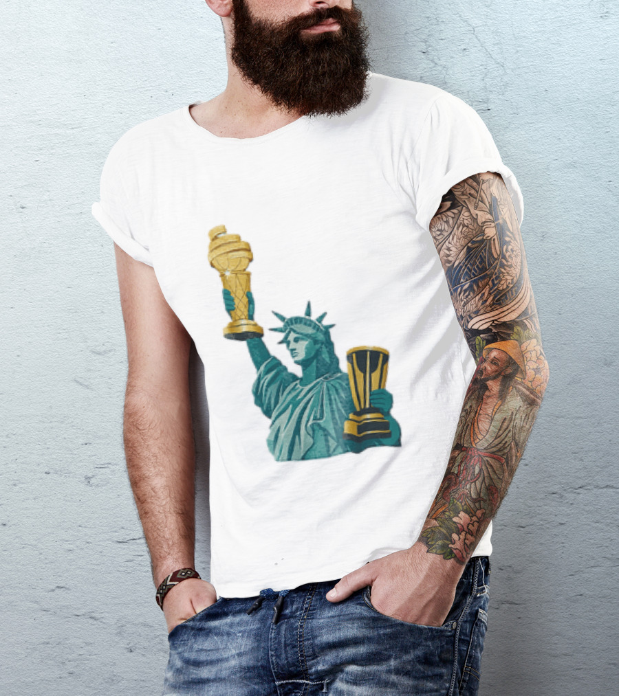 Lady Liberty Holding Dual Championship Trophies Soccer And Basketball T-Shirt