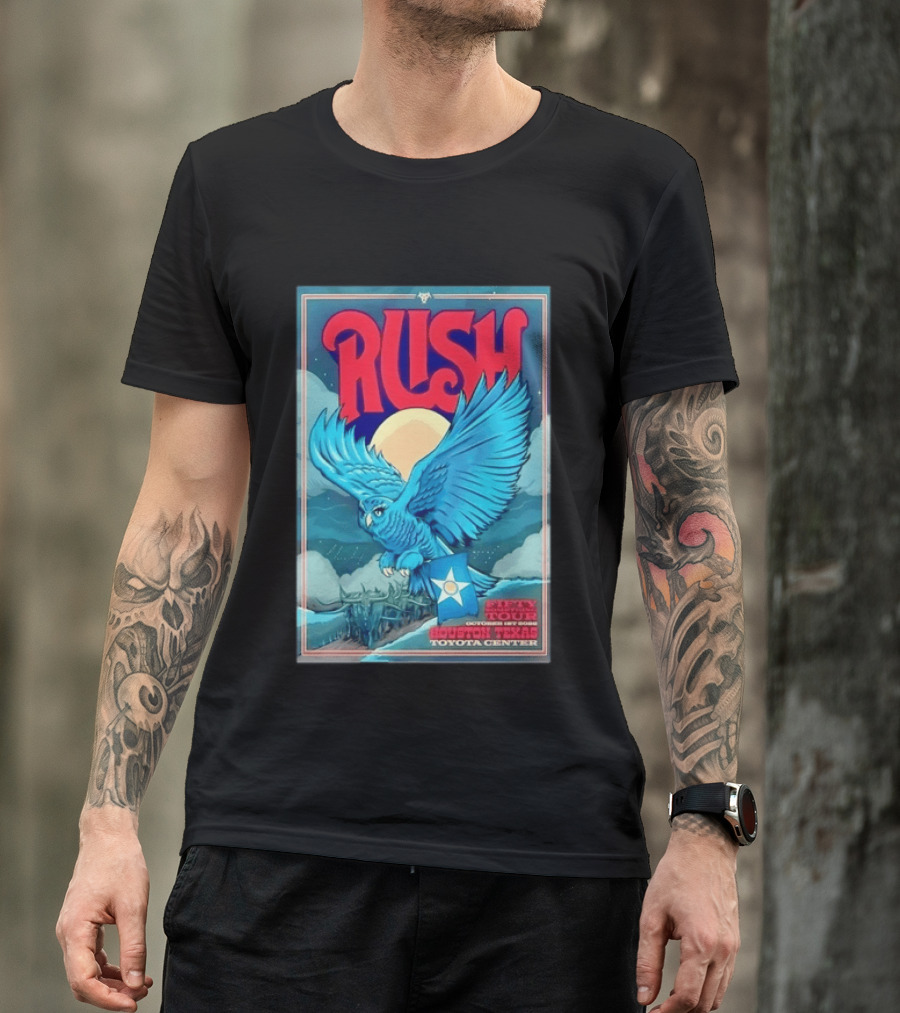 Rush Fifty Something Tour Houston Texas October 1st 2026 Toyota Center Blue Owl Moon Mountain Scene T-Shirt