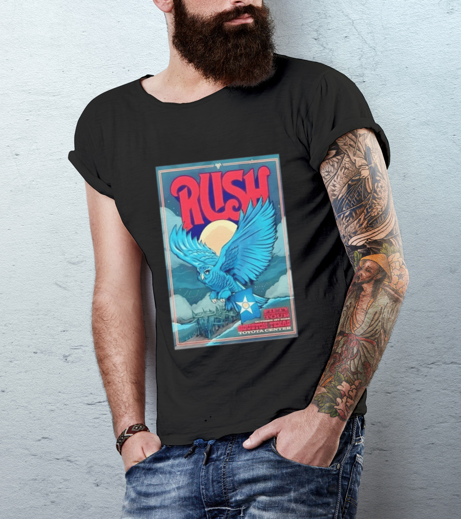 Rush Fifty Something Tour Houston Texas October 1st 2026 Toyota Center Blue Owl Moon Mountain Scene T-Shirt