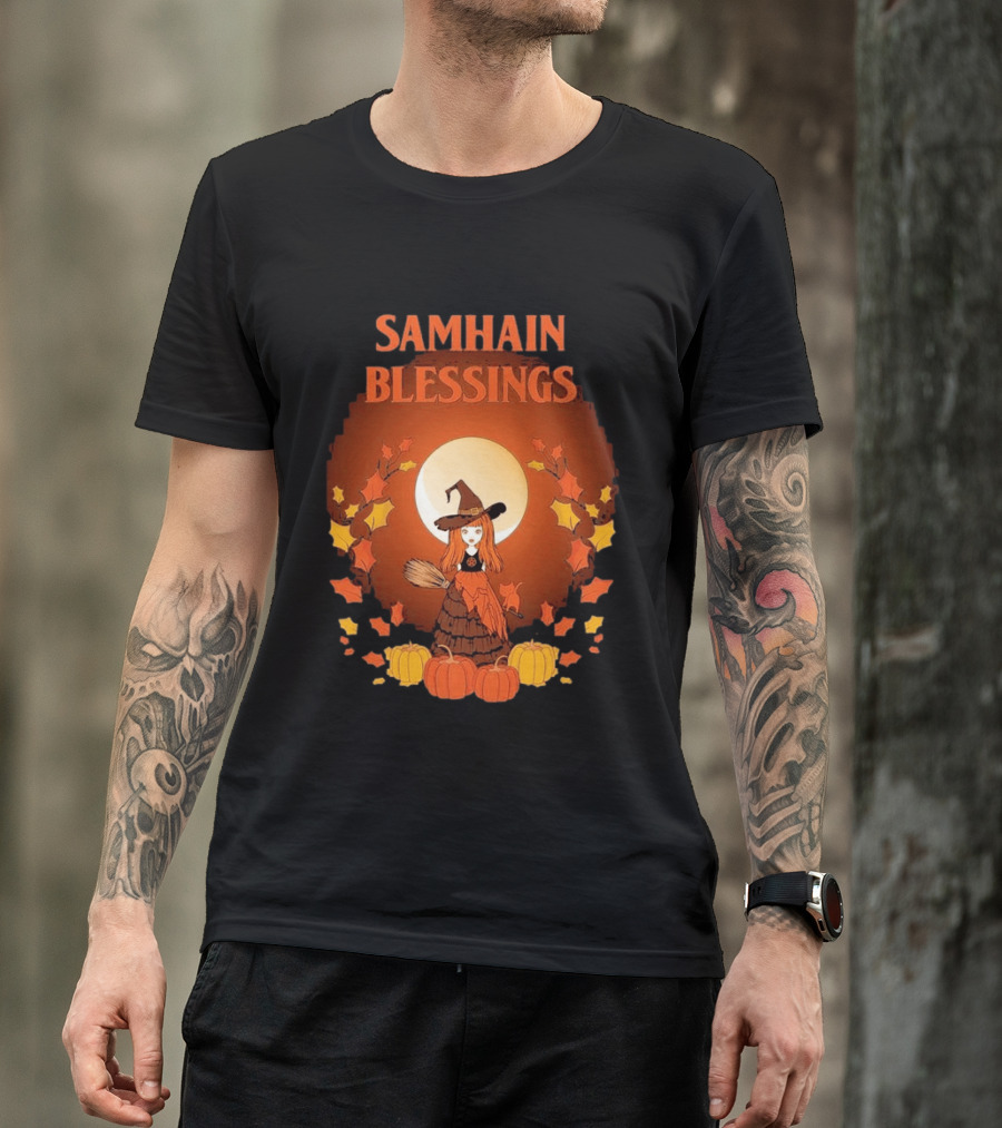 Samhain Blessings Little Witch And Pumpkin Magic Halloween T-Shirt