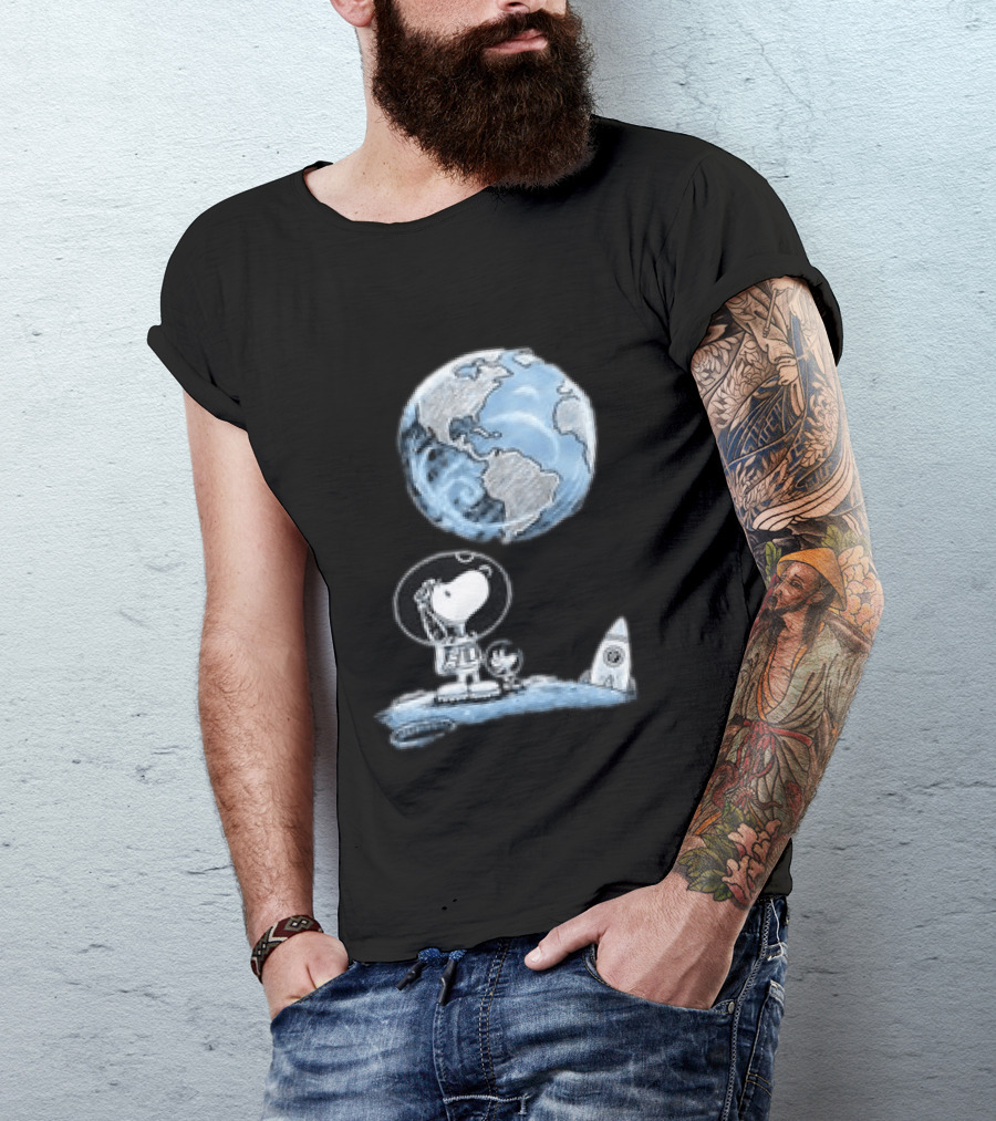 Snoopy And Woodstock Astronauts So Far Away With Earth And Rocket T-Shirt