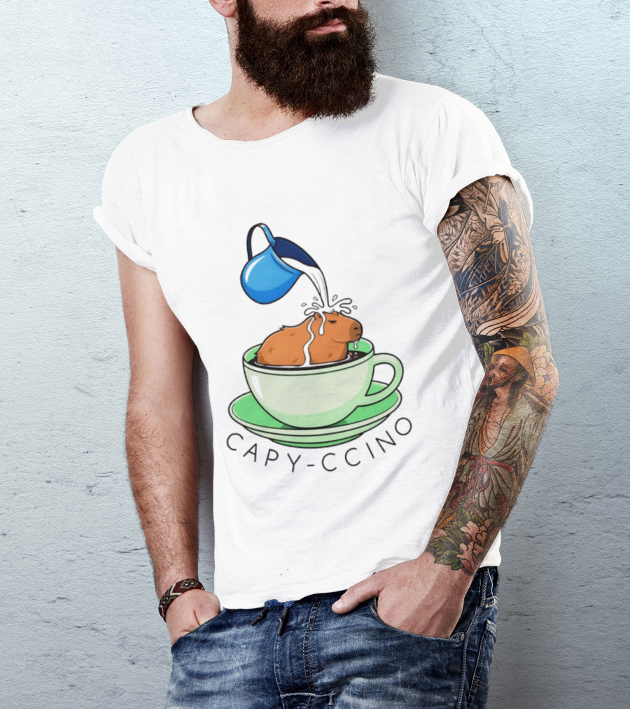 Capybara Coffee Capy Ccino In A Cup With Cappuccino Pouring Scene T-Shirt