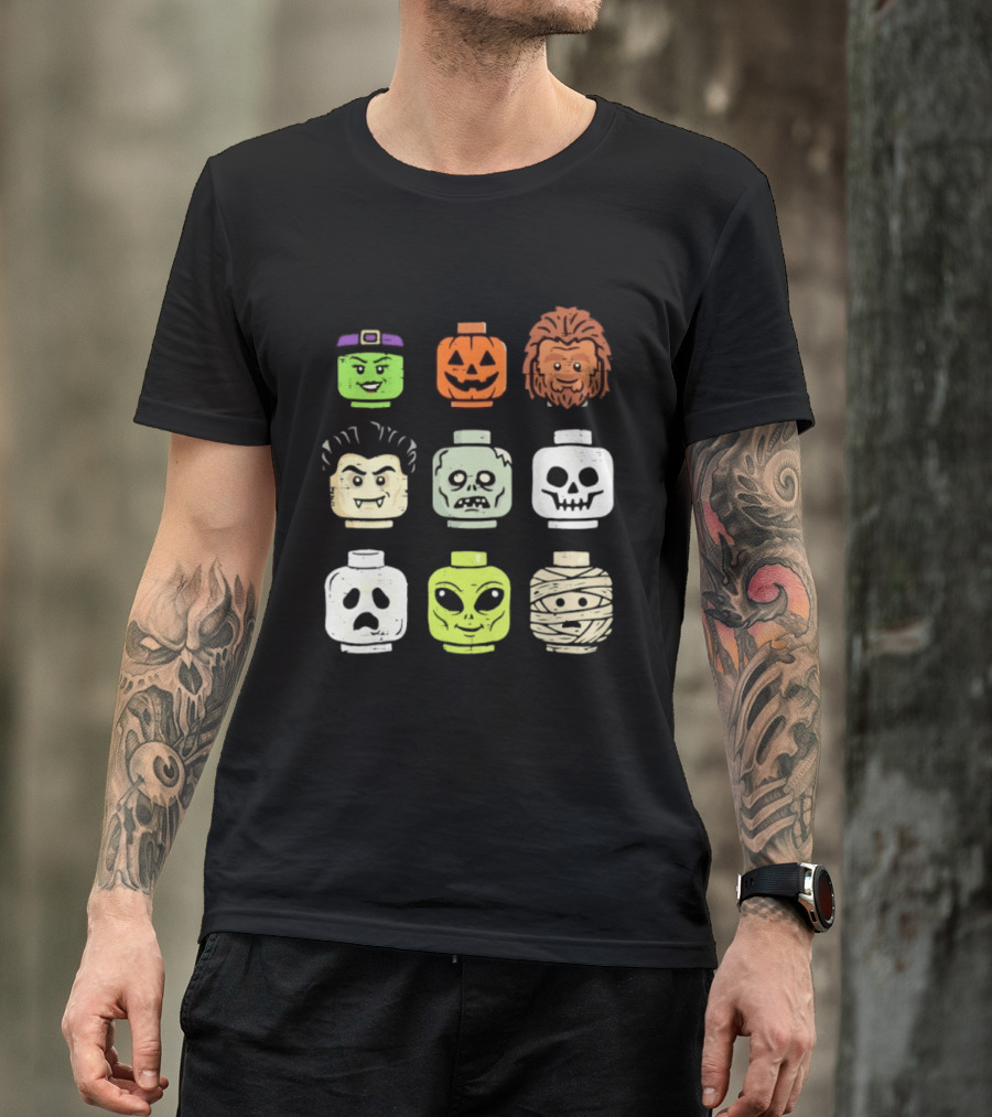 Distressed Halloween Minifigure Frankenstein Pumpkin Werewolf Dracula Zombie Ghost Alien Mummy Heads Collection T-Shirt