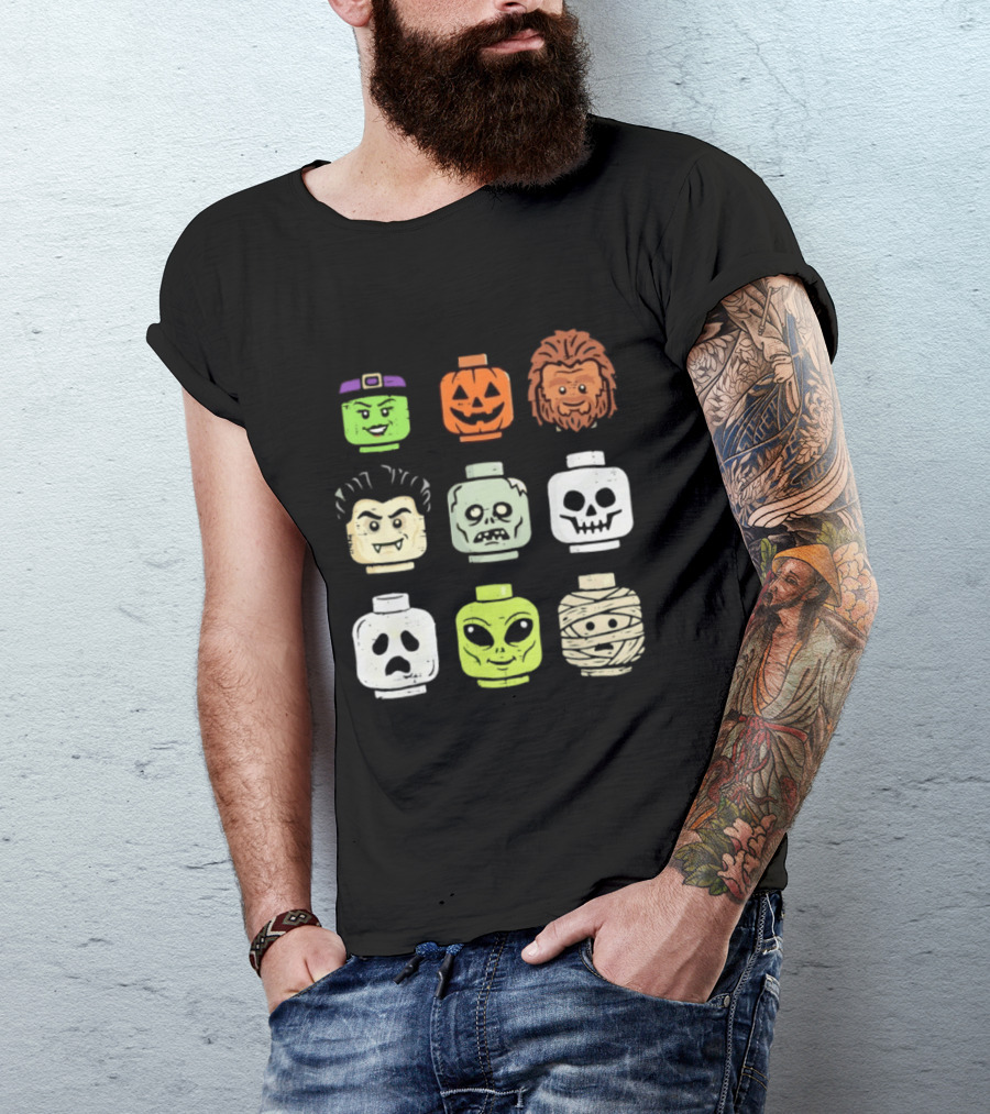 Distressed Halloween Minifigure Frankenstein Pumpkin Werewolf Dracula Zombie Ghost Alien Mummy Heads Collection T-Shirt