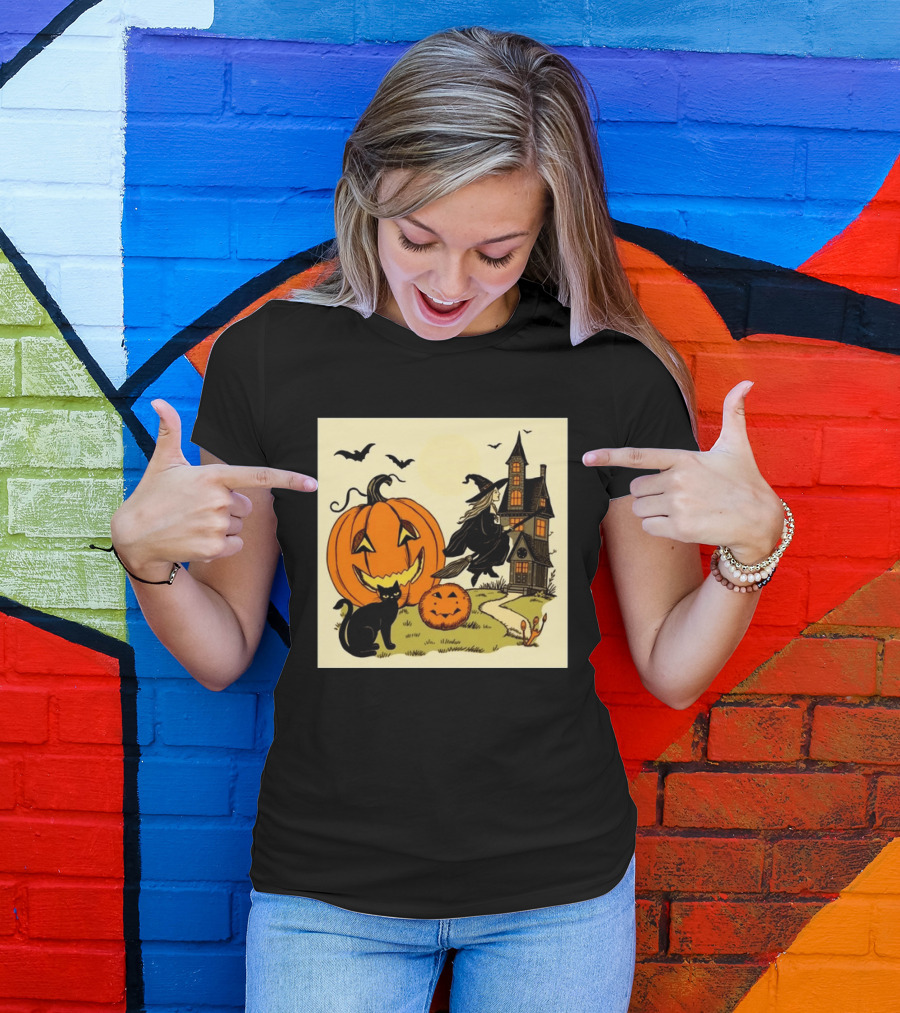 Spooktacular Halloween Black Cat Witch Pumpkin Haunted House T-Shirt