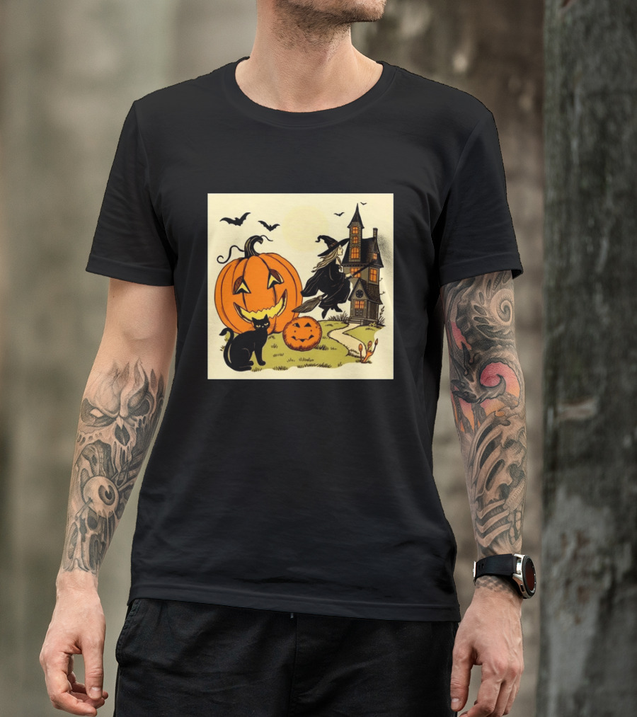 Spooktacular Halloween Black Cat Witch Pumpkin Haunted House T-Shirt