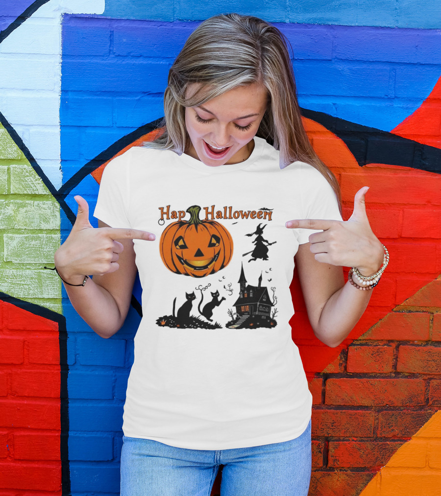 Happy Halloween Pumpkin Black Cats Witch Haunted House T-Shirt