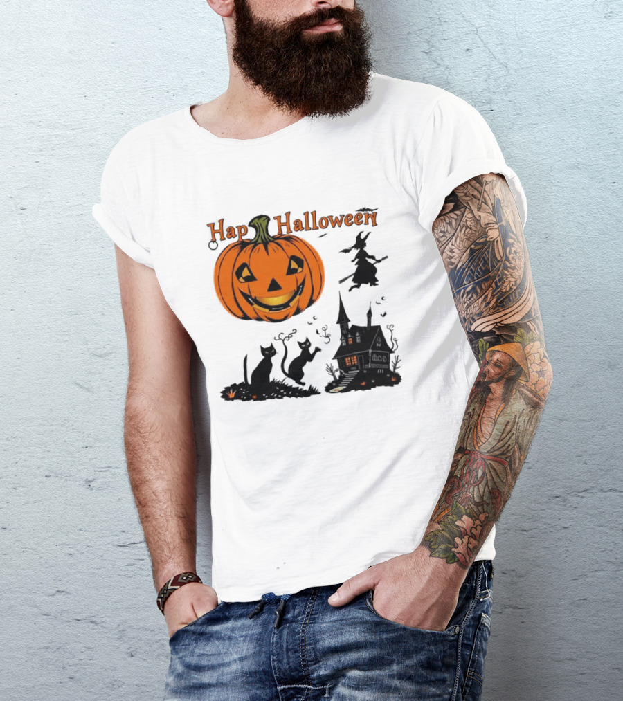 Happy Halloween Pumpkin Black Cats Witch Haunted House T-Shirt