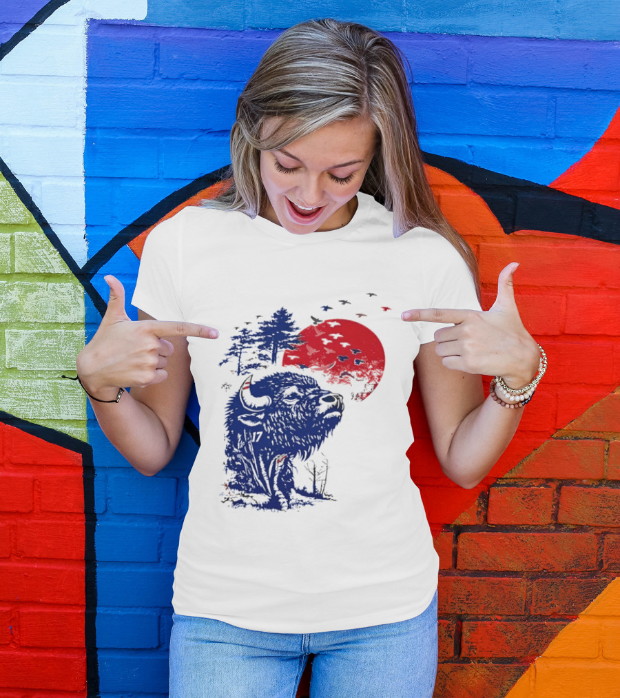 Buffalo Bills 17 Bison Sunset With Trees And Red Sun T-Shirt