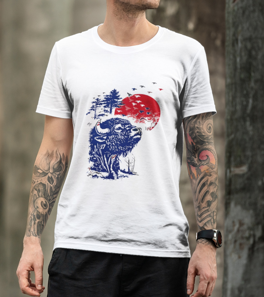 Buffalo Bills 17 Bison Sunset With Trees And Red Sun T-Shirt