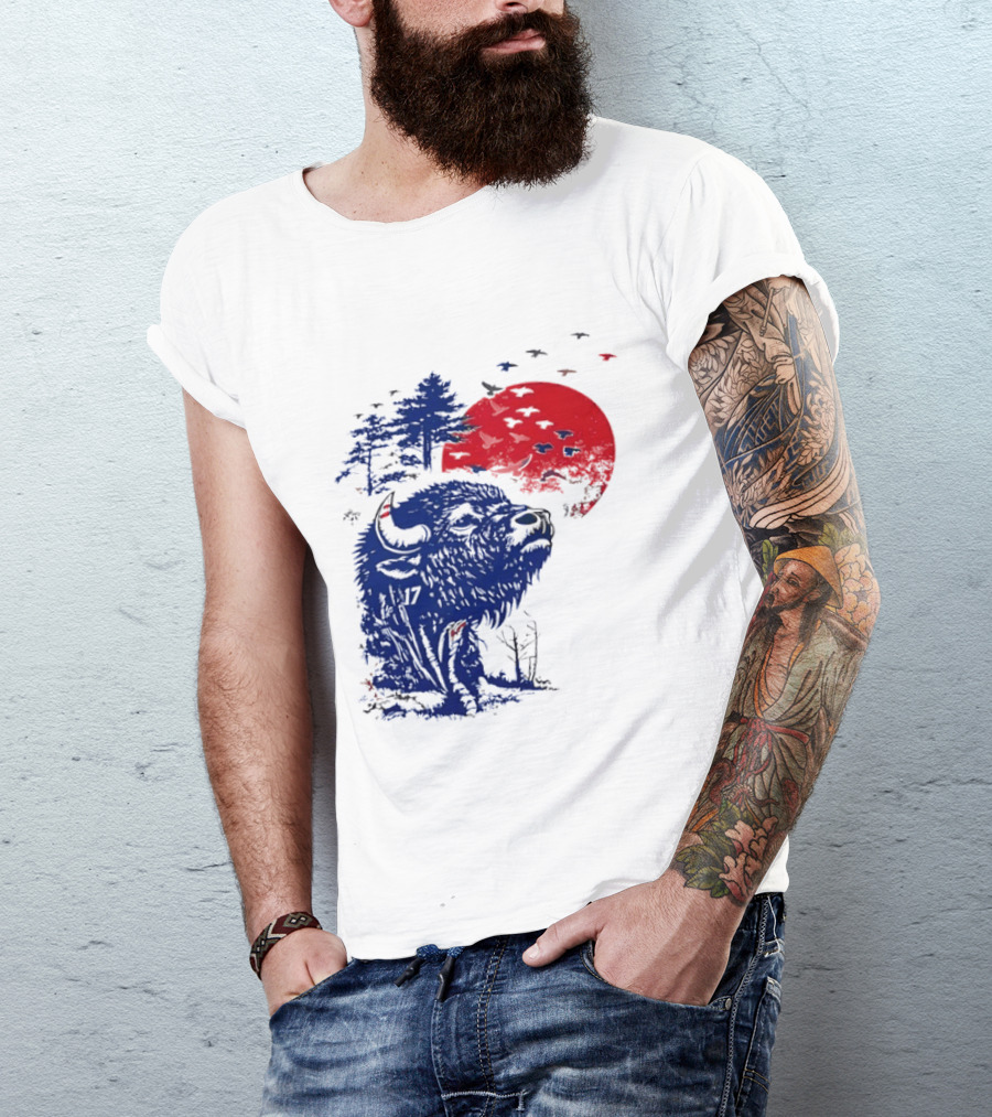 Buffalo Bills 17 Bison Sunset With Trees And Red Sun T-Shirt