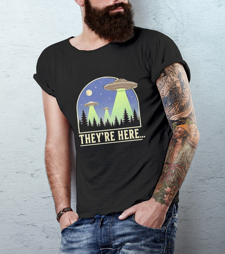 They're Here UFO Alien Abduction Night Forest Scene T-Shirt
