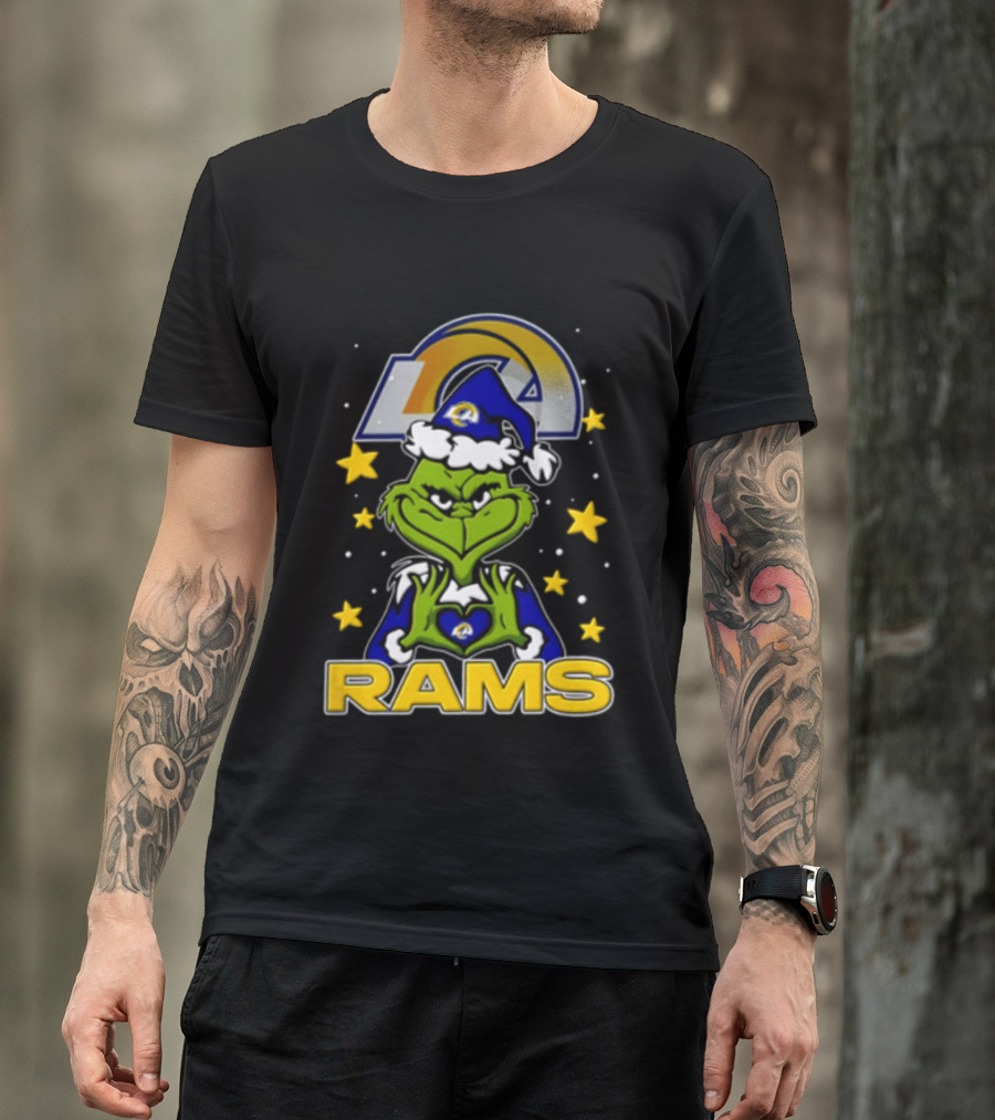Los Angeles Rams Grinch Santa Hat Christmas Cartoon Fan Gear T-Shirt
